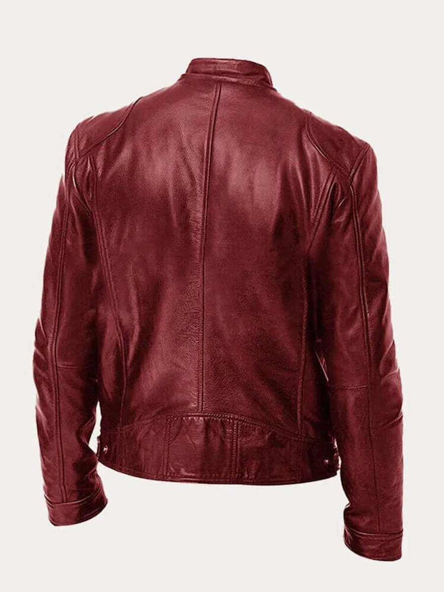 Blouson Motard Homme En Cuir Col Montant Zippé