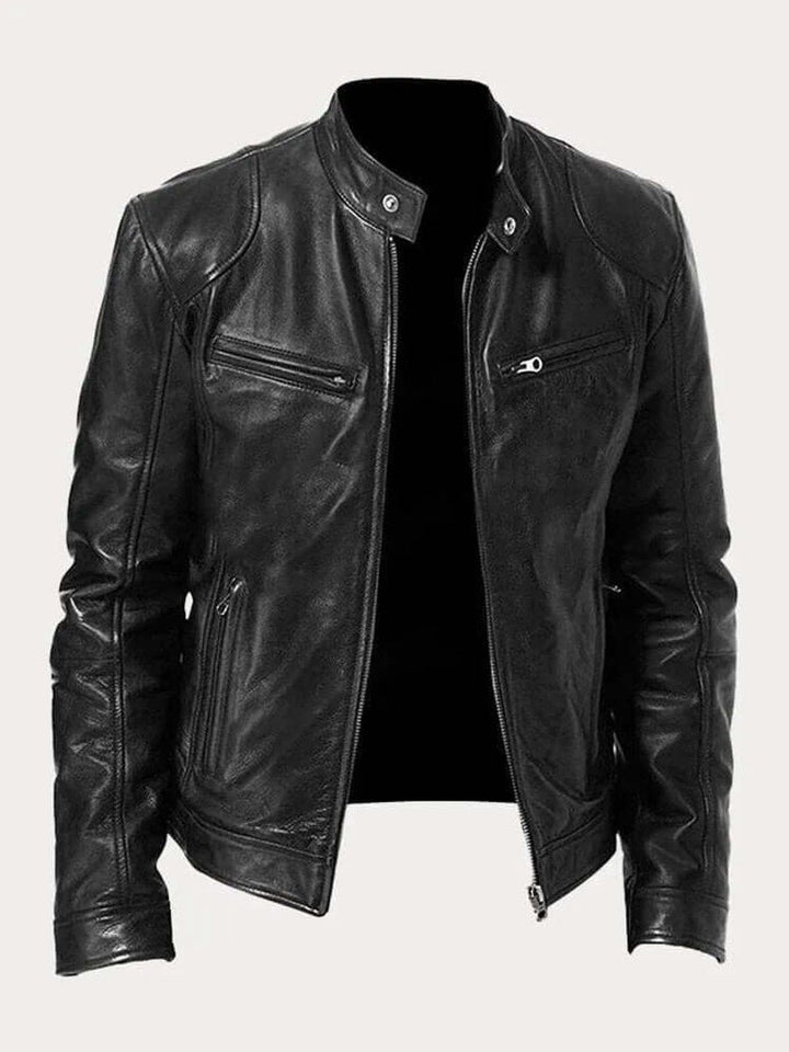 Blouson en Cuir Homme Motard Zippé Col Montant