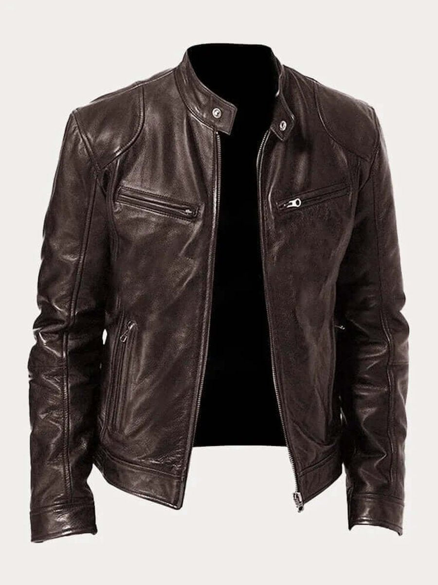 Blouson en Cuir Homme Motard Zippé Col Montant