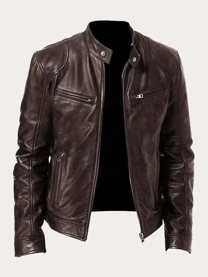 Blouson en Cuir Homme Motard Zippé Col Montant