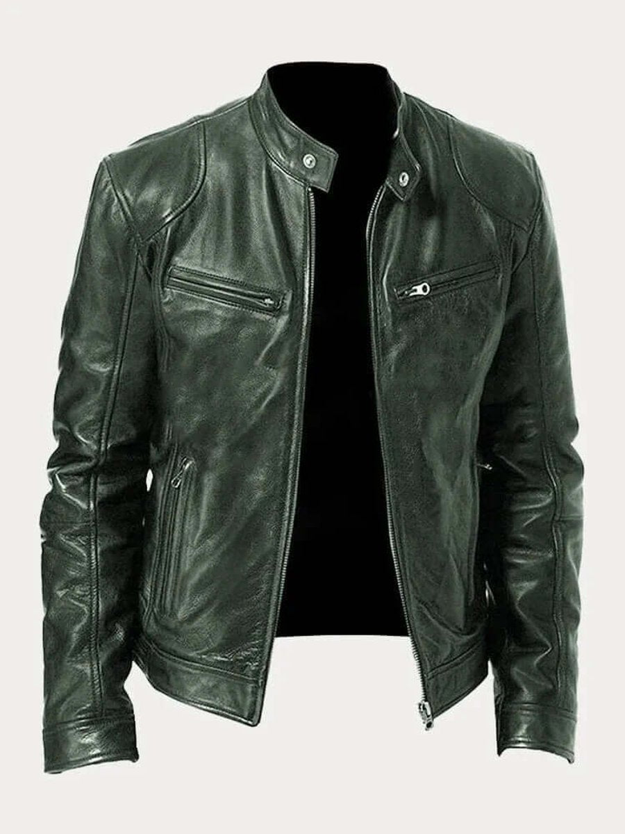 Blouson Motard Homme En Cuir Col Montant Zippé