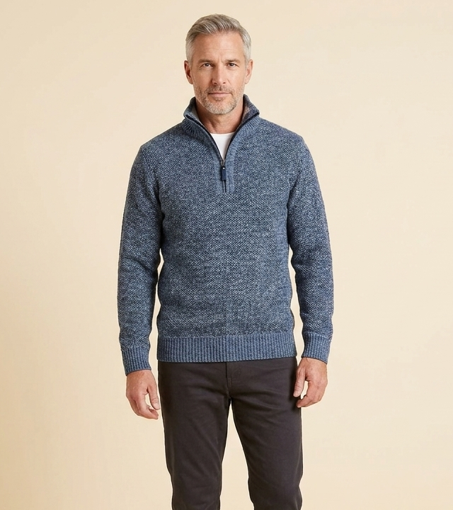 Pull Homme Demi Zip Col Montant Maille Chaude Coupe Ajustée