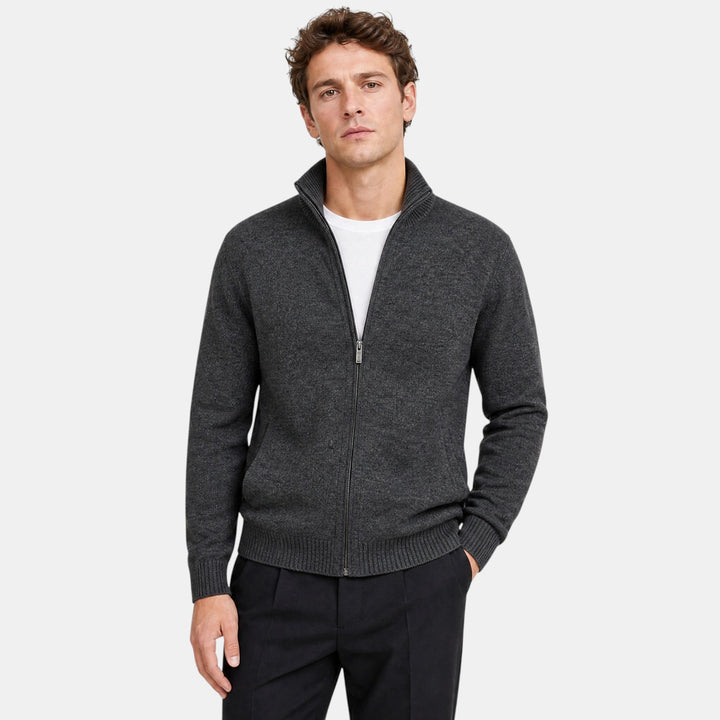 Cardigan Homme Zippé à Col Montant et Poignets Côtelés