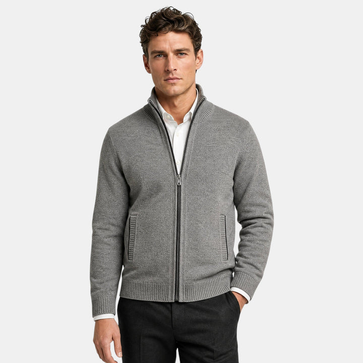 Cardigan Homme Zippé à Col Montant et Poignets Côtelés