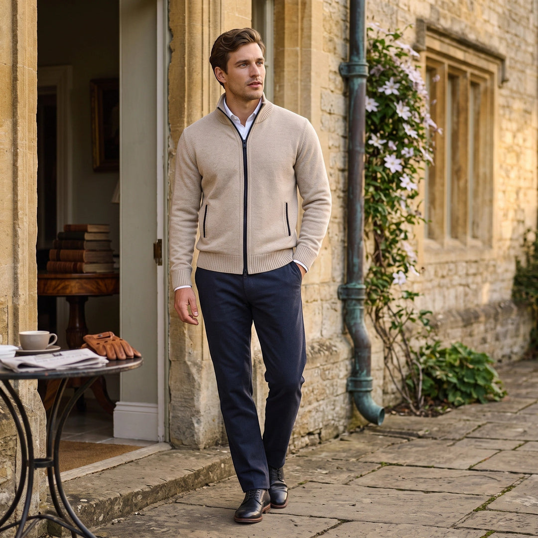 Cardigan Homme Zippé à Col Montant et Poignets Côtelés