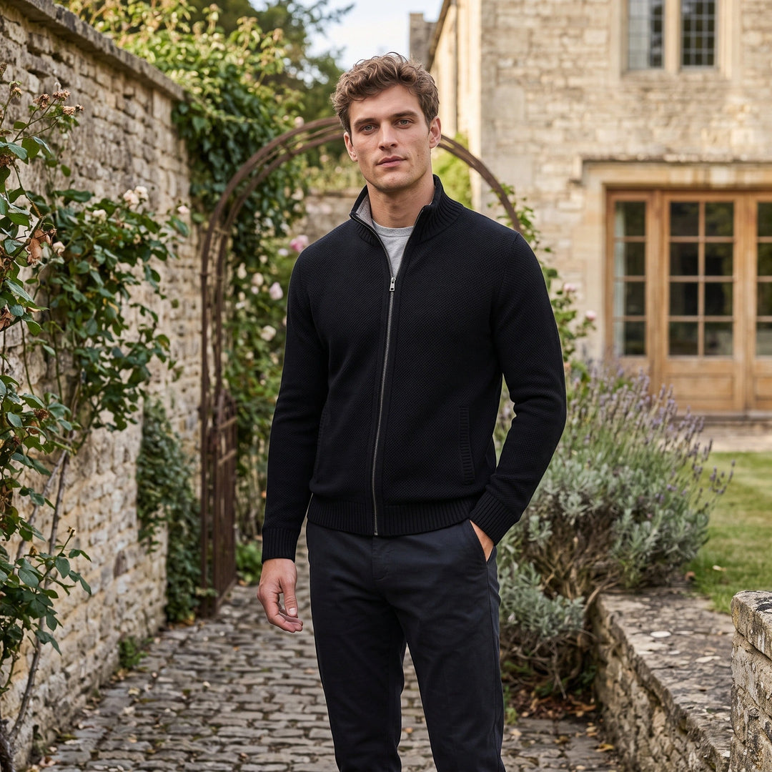 Cardigan Homme Zippé à Col Montant et Poignets Côtelés