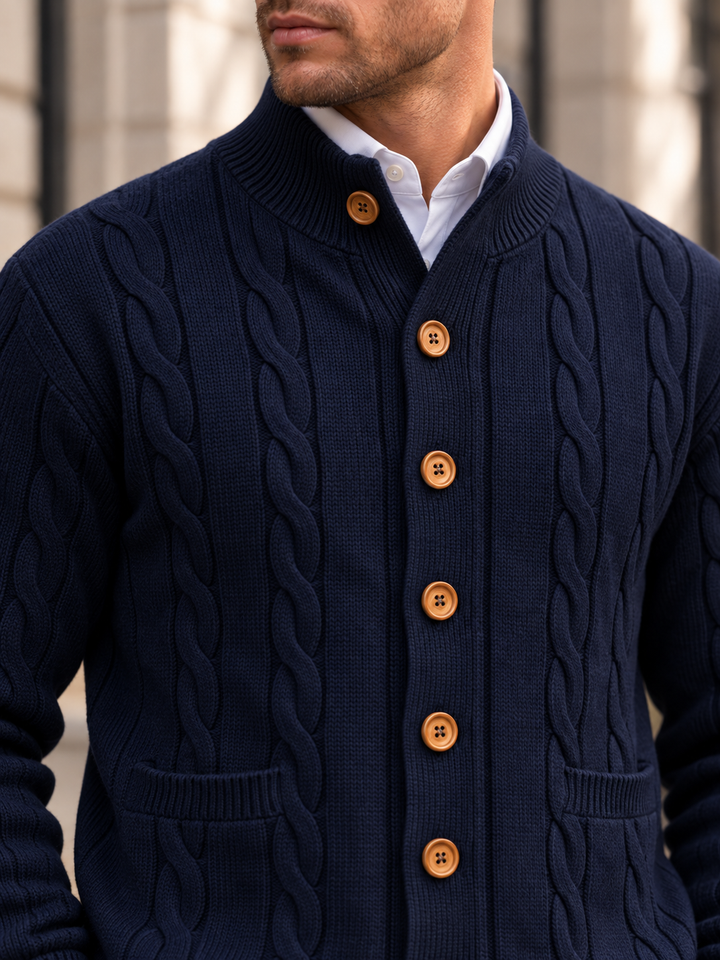 Cardigan Homme Maille Torsadée Boutonné Avec Petit Col Montant