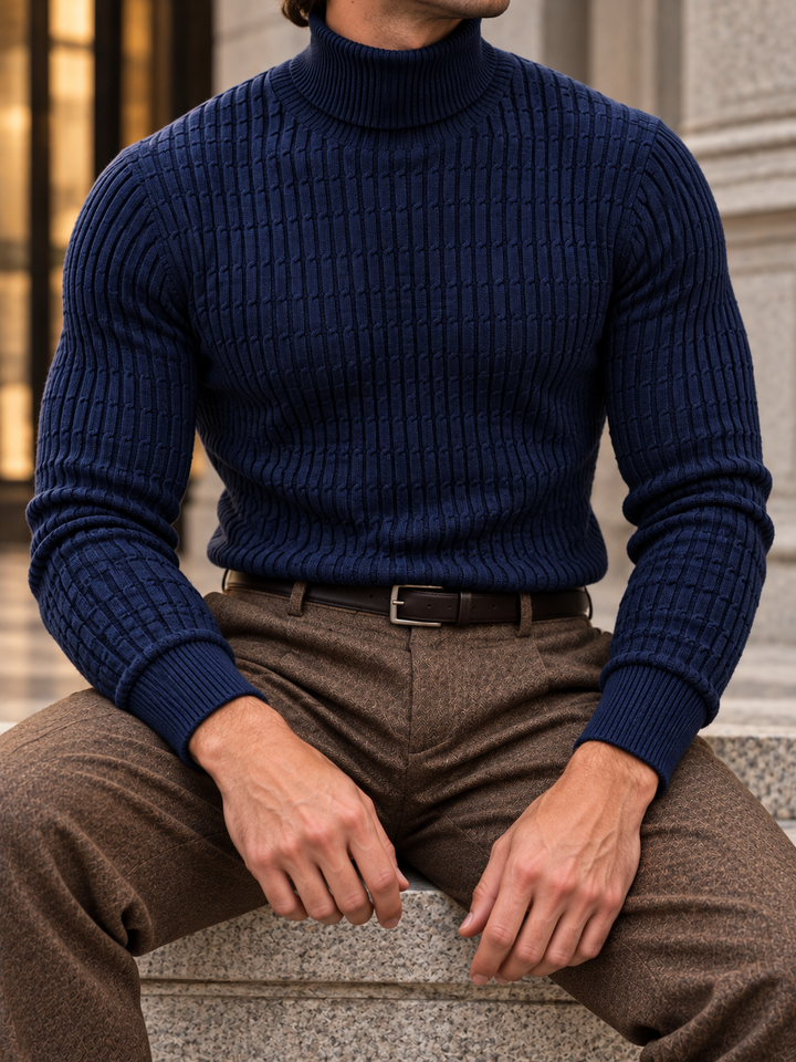 Pull Col Roulé Homme Côtes Verticales En Maille