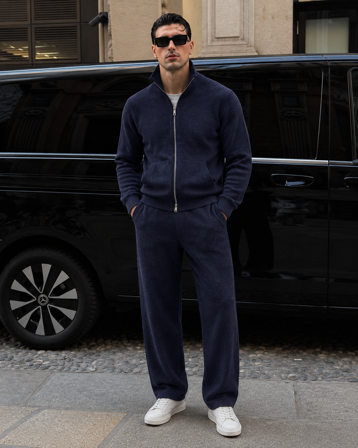 Ensemble En Maille Homme Col Montant Zippé Et Pantalon Droit