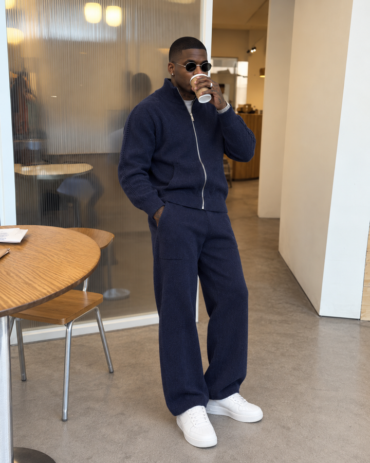 Ensemble En Maille Homme Col Montant Zippé Et Pantalon Droit