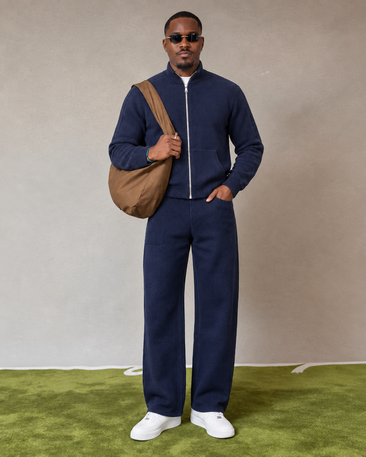 Ensemble En Maille Homme Col Montant Zippé Et Pantalon Droit