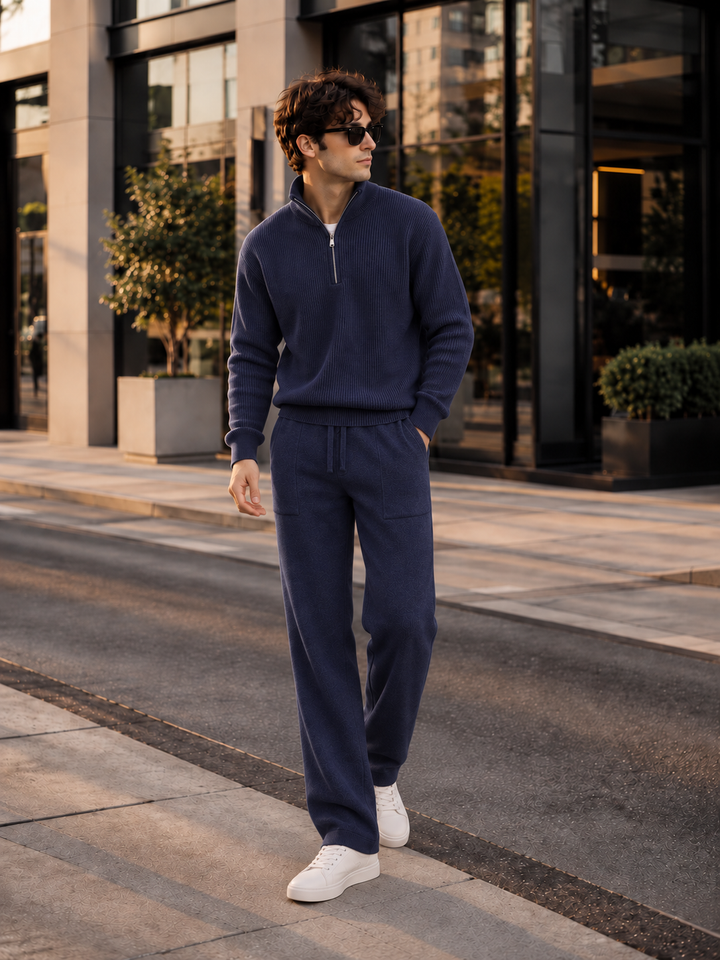 Ensemble En Maille Homme Demi Zip Col Montant Et Pantalon