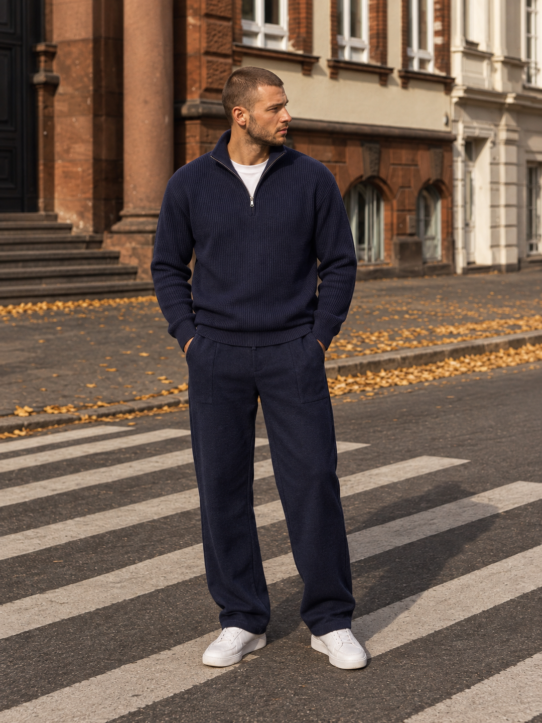Ensemble En Maille Homme Demi Zip Col Montant Et Pantalon
