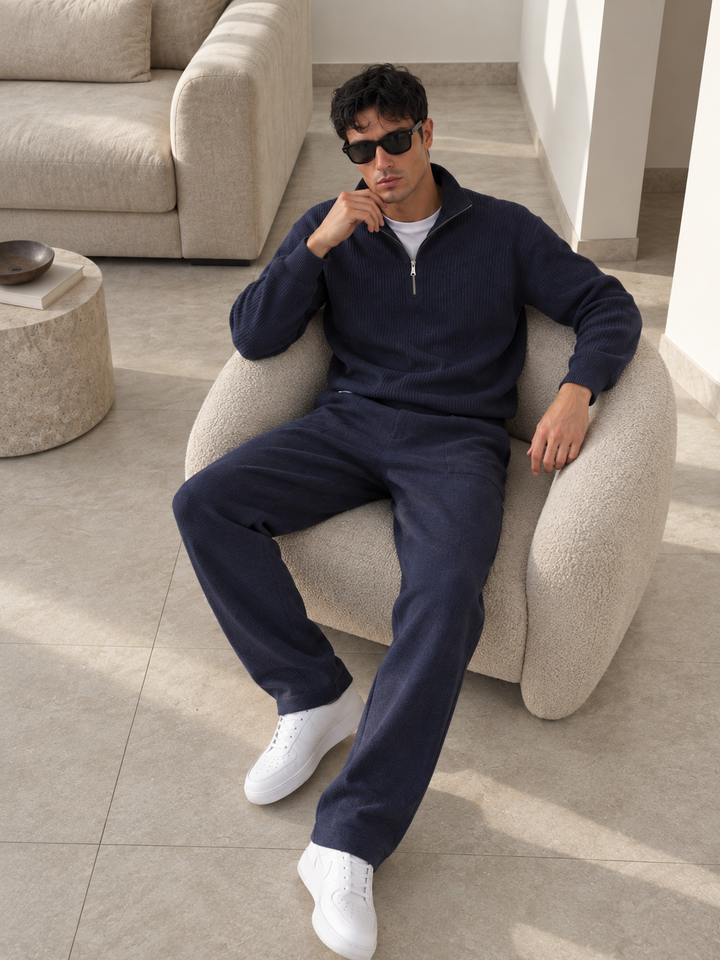 Ensemble En Maille Homme Demi Zip Col Montant Et Pantalon