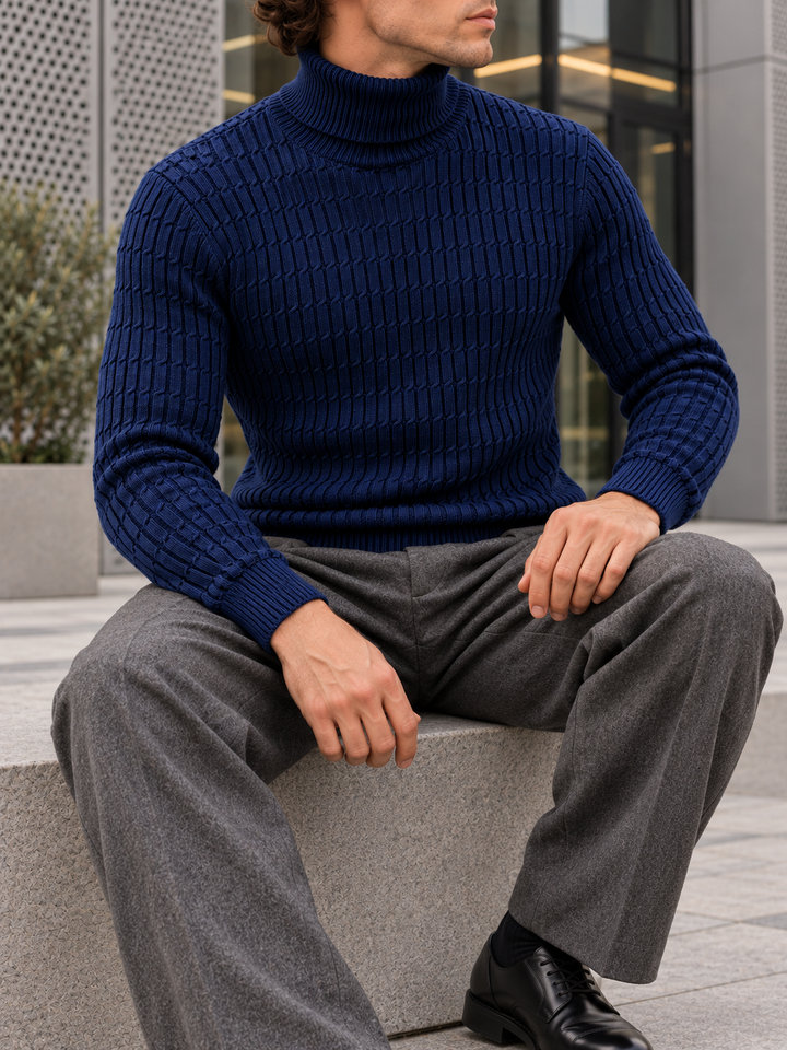 Pull Col Roulé Homme Côtes Verticales En Maille