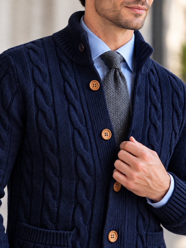 Cardigan Homme Maille Torsadée Boutonné Avec Petit Col Montant