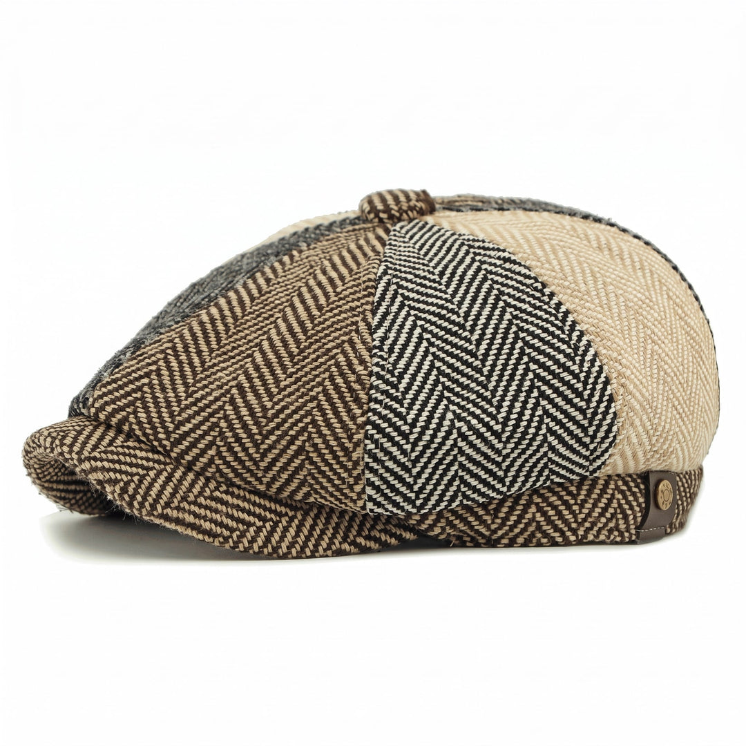 Casquette Newsboy Homme en Tweed Motif Chevrons avec Bouton et Visière Courte