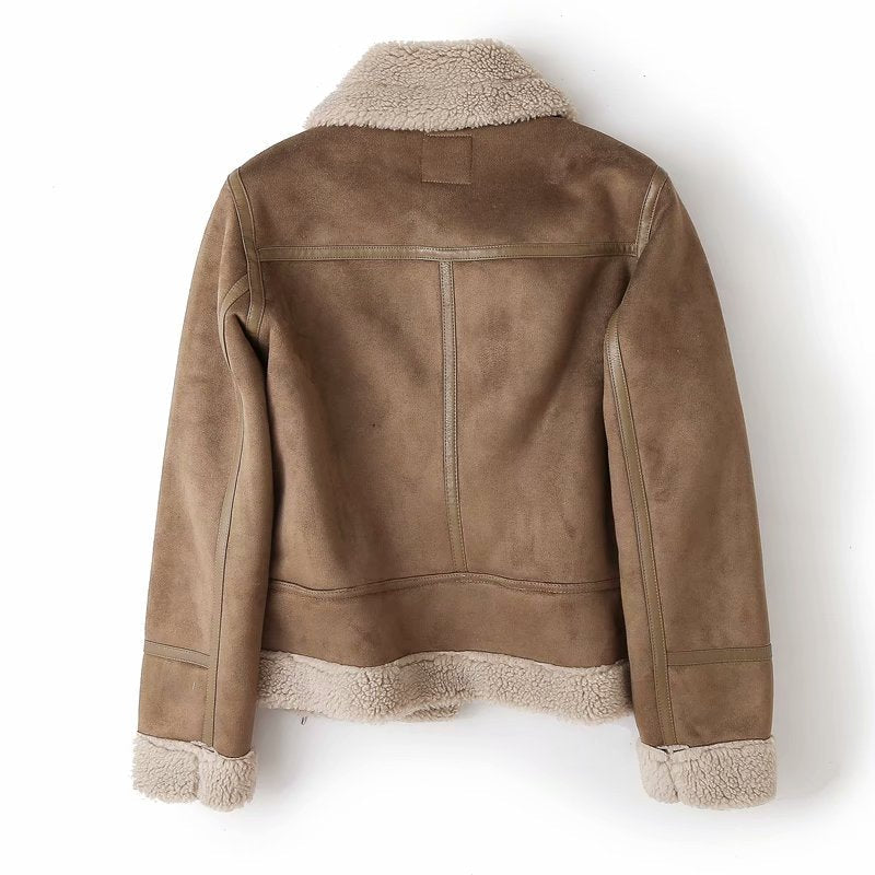 Veste Femme Effet Daim avec Détail en Peau de Mouton