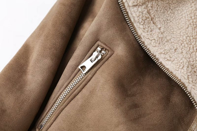 Veste Femme Effet Daim avec Détail en Peau de Mouton