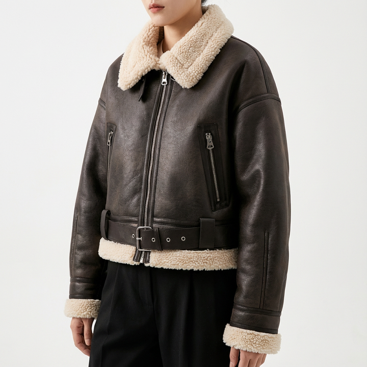 Blouson Femme Aviateur Col Fausse Fourrure Ceinturé Et Poches Zippées