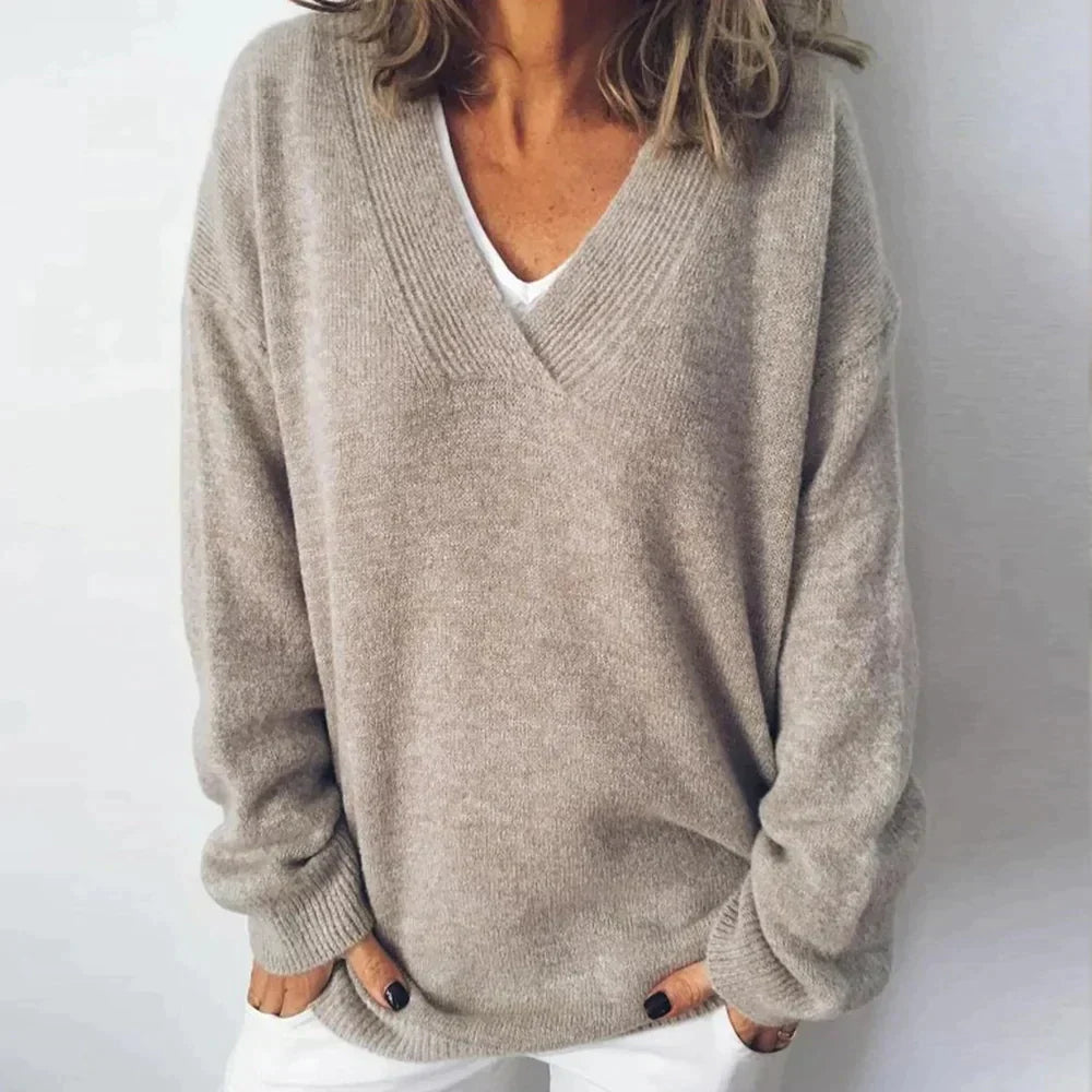 Pull Femme en Maille Col en V à Poches
