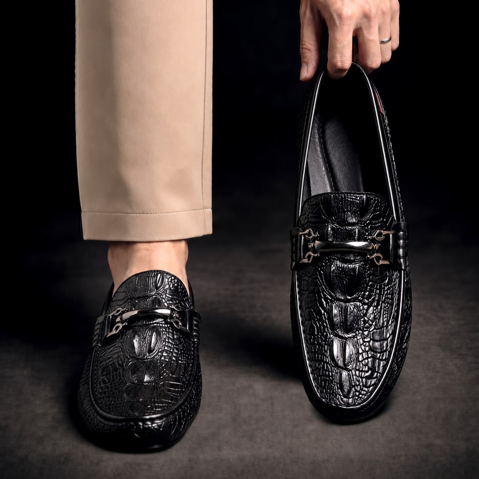 Mocassins Homme en Cuir effet Croco avec Mors Métallique