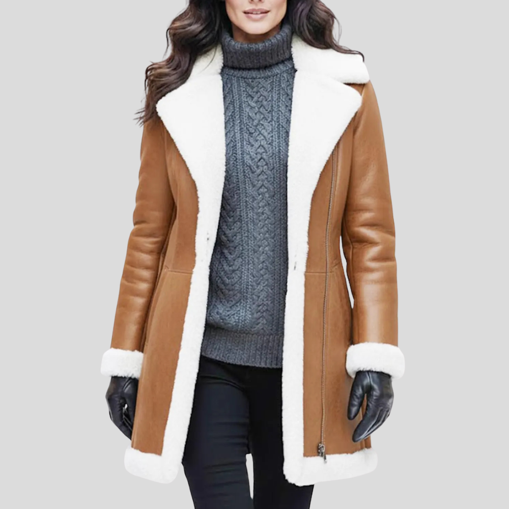 Manteau Long Femme En Cuir D'Agneau Doublure Mouton Retourné Col Fourrure