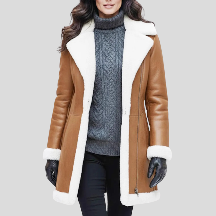 Manteau Long Femme En Cuir D'Agneau Doublure Mouton Retourné Col Fourrure