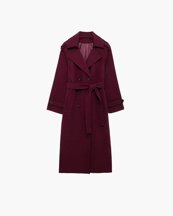 Manteau Long Femme Ceinturé Col Revers Manches Longues