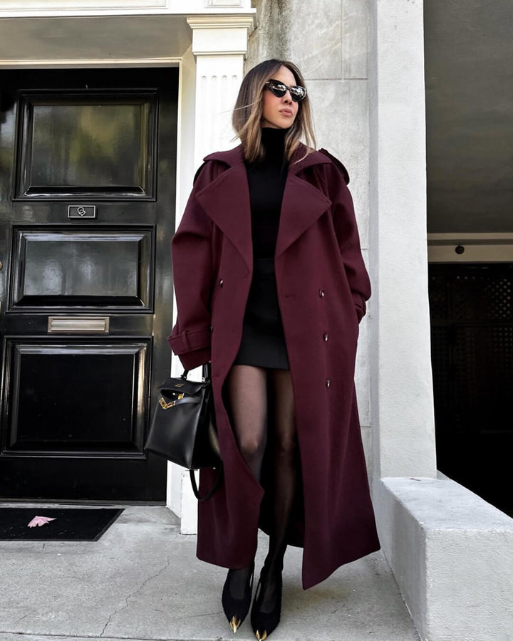 Manteau Long Femme Ceinturé Col Revers Manches Longues