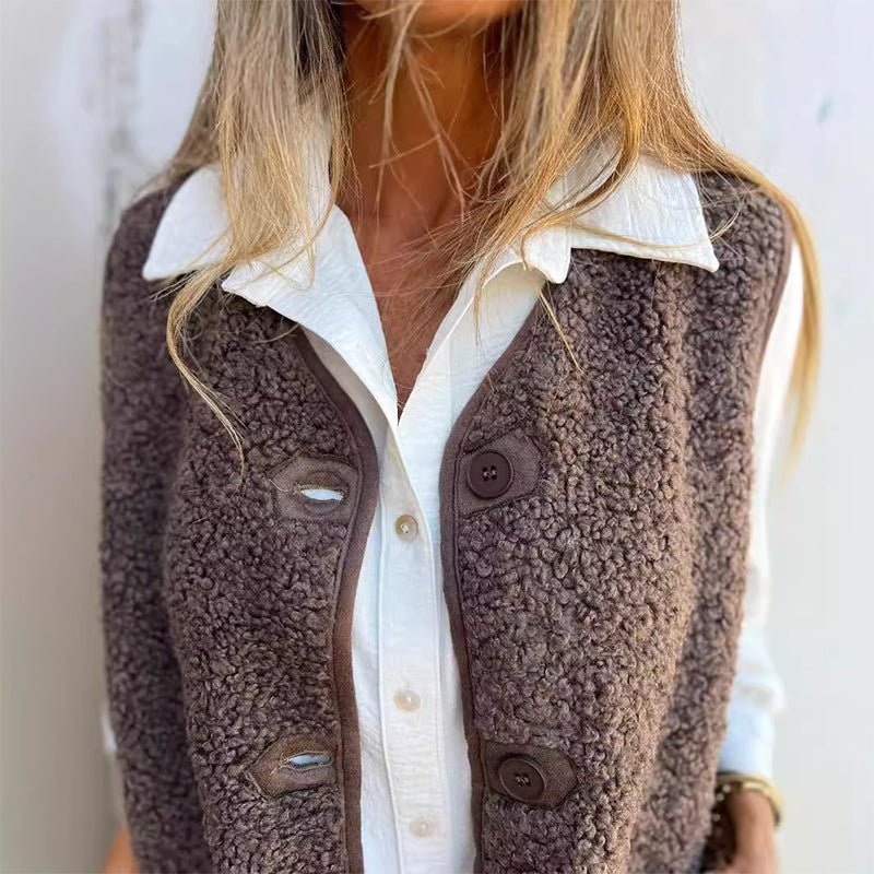 Gilet Femme Boutonné Maille Bouclette Poches Plaquées