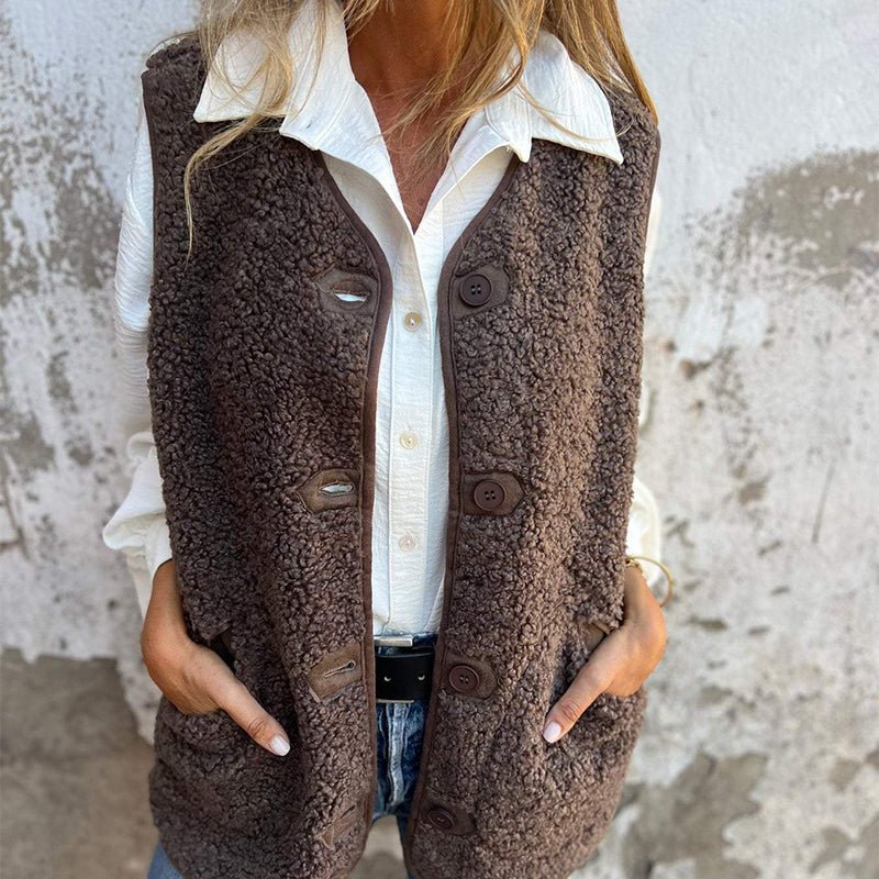 Gilet Femme Boutonné Maille Bouclette Poches Plaquées