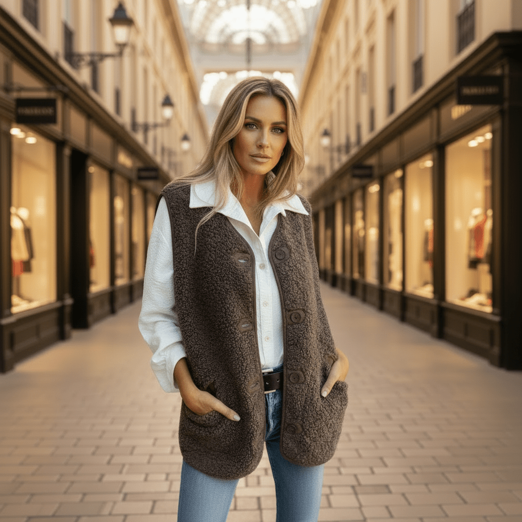 Gilet Femme Boutonné Maille Bouclette Poches Plaquées