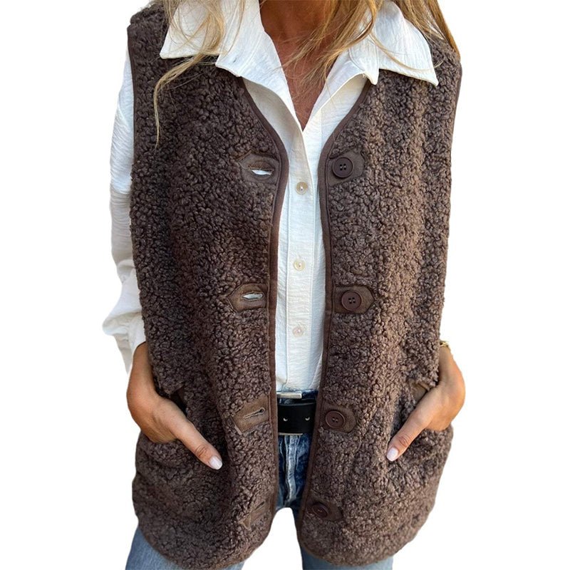 Gilet Femme Boutonné Maille Bouclette Poches Plaquées