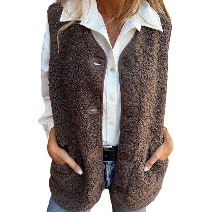 Gilet Femme Boutonné Maille Bouclette Poches Plaquées