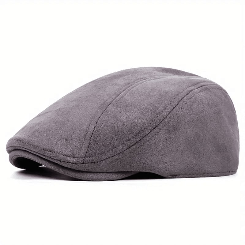 Casquette Plate Homme en Daim avec Visière Courte et Surpiqûres