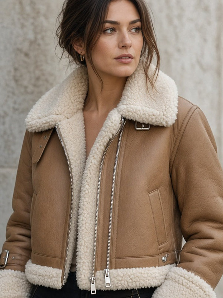 Blouson Femme Aviateur Coupe Courte Col Fausse Fourrure Et Poches Zippées