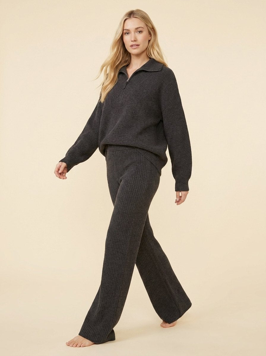 Ensemble Détente Sweat à Demi Zip et Pantalon Large en Maille pour Femme