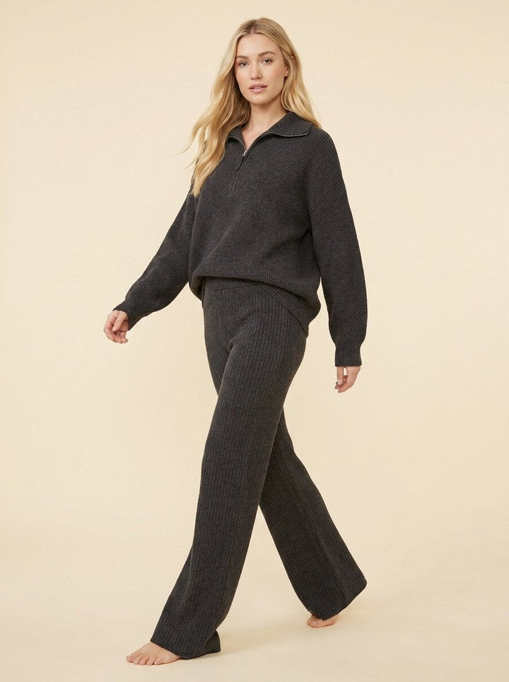 Ensemble Détente Sweat à Demi Zip et Pantalon Large en Maille pour Femme