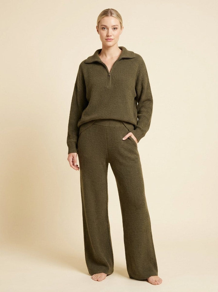 Ensemble Détente Sweat à Demi Zip et Pantalon Large en Maille pour Femme