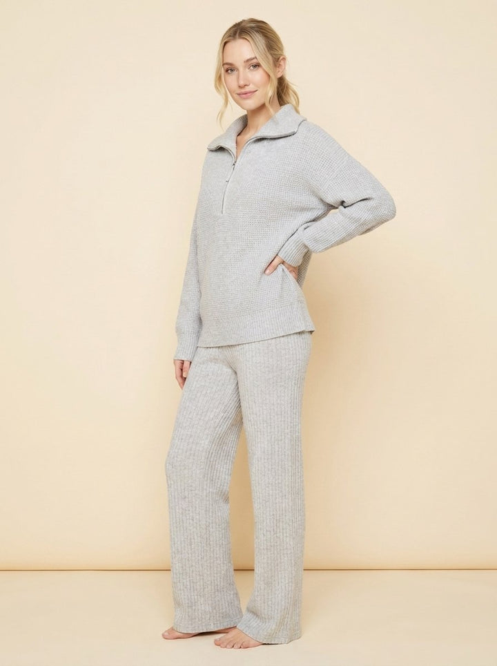 Ensemble Détente Sweat à Demi Zip et Pantalon Large en Maille pour Femme