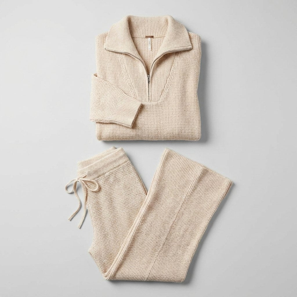 Ensemble Détente Sweat à Demi Zip et Pantalon Large en Maille pour Femme