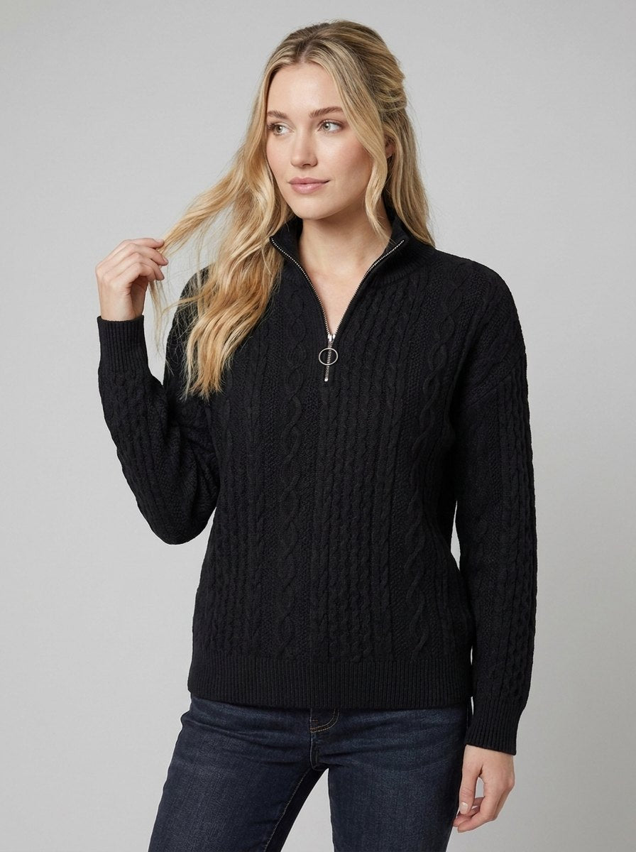 Pull Col Zippé Femme Maille Torsadée Texturée
