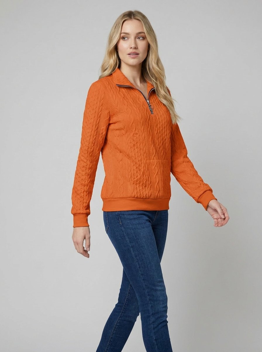 Pull Col Zippé Femme Maille Torsadée Texturée