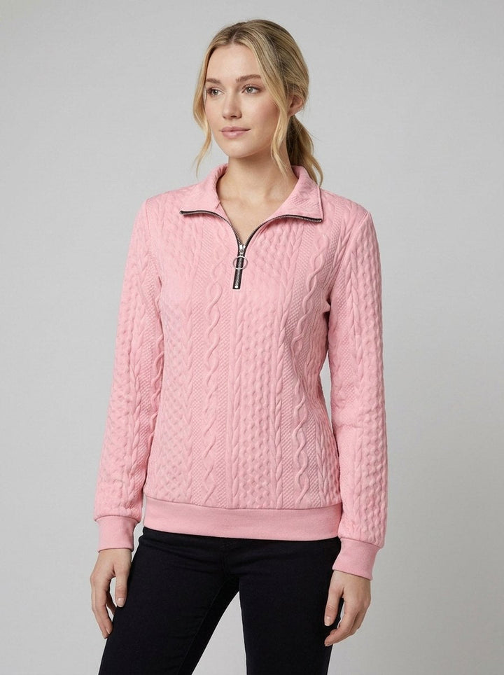 Pull Col Zippé Femme Maille Torsadée Texturée