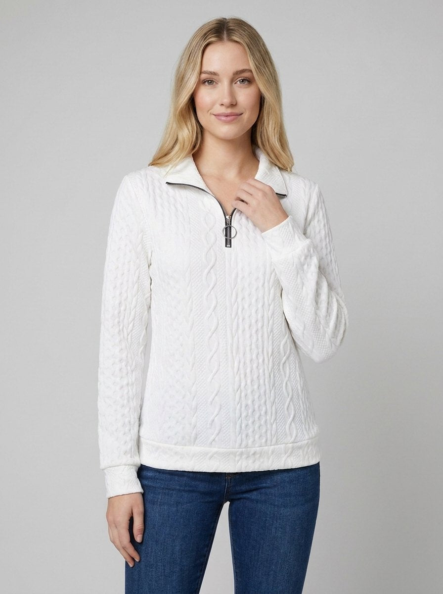 Pull Col Zippé Femme Maille Torsadée Texturée