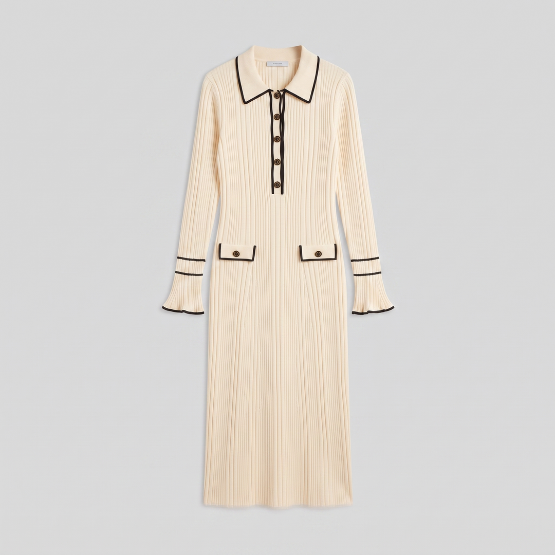 Robe Midi en Maille Côtelée avec Bordure Contrastante et Boutons pour Femme
