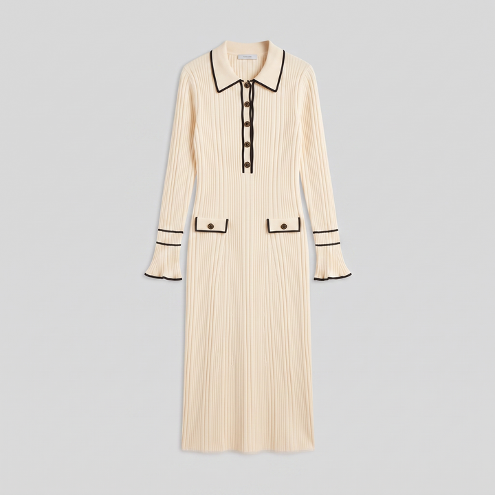 Robe Midi en Maille Côtelée avec Bordure Contrastante et Boutons pour Femme