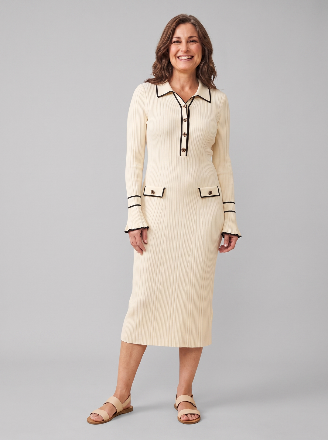 Robe Midi en Maille Côtelée avec Bordure Contrastante et Boutons pour Femme