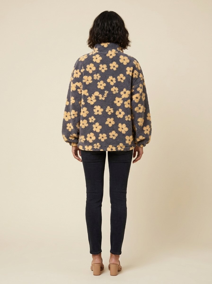 Sweat Polaire Femme Fleuri Col Zippé Poche Kangourou